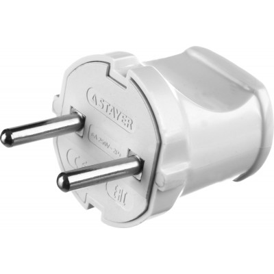 Вилка прямая STAYER MAXElectro белая, 6А/220В 55150-W
