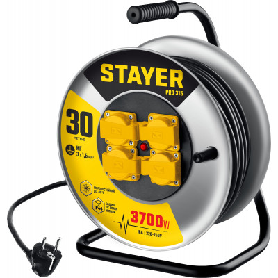 Удлинитель на катушке STAYER PRO-315 (30м, 3700Вт, IP44, КГ 3x1.5мм2) 55077-30_z01