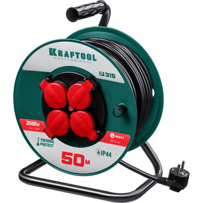 Удлинитель на катушке KRAFTOOL P-315 (50м, 3500Вт, IP44, ПВС 3x1.5мм2) 55084-50